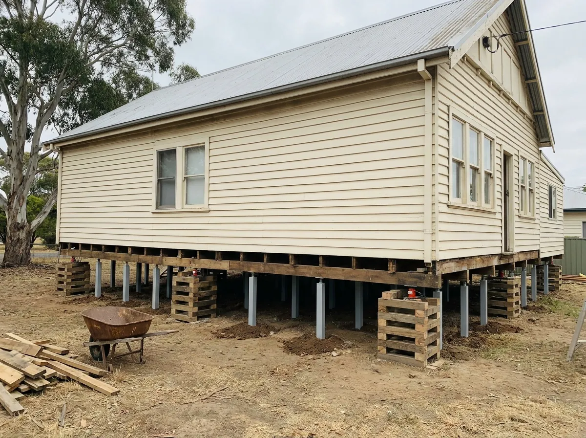 Weatherboard house lifted on timber cribbing with new steel stumps installed under the bearers