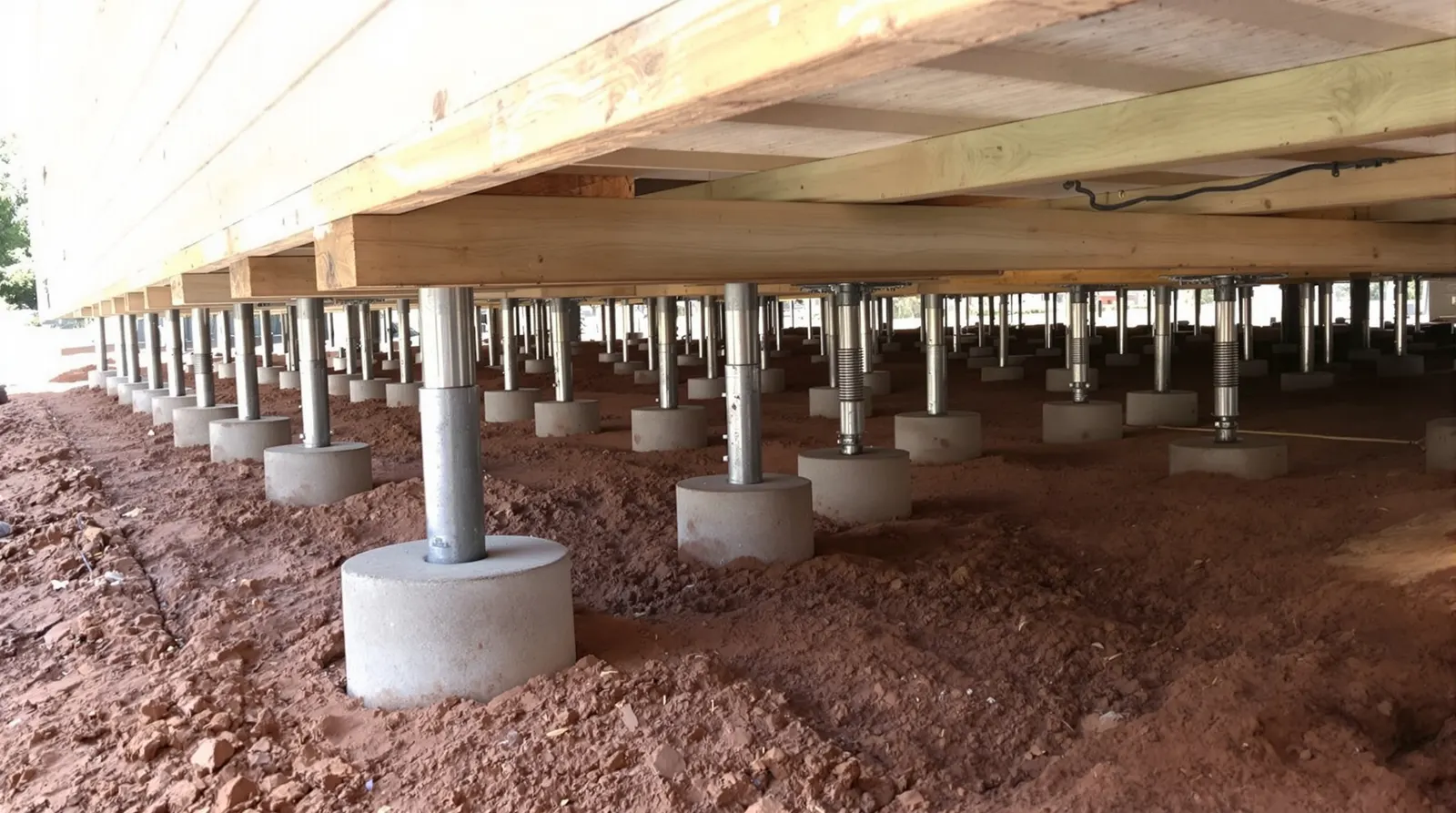 Rows of new adjustable steel stumps on concrete footings under a house