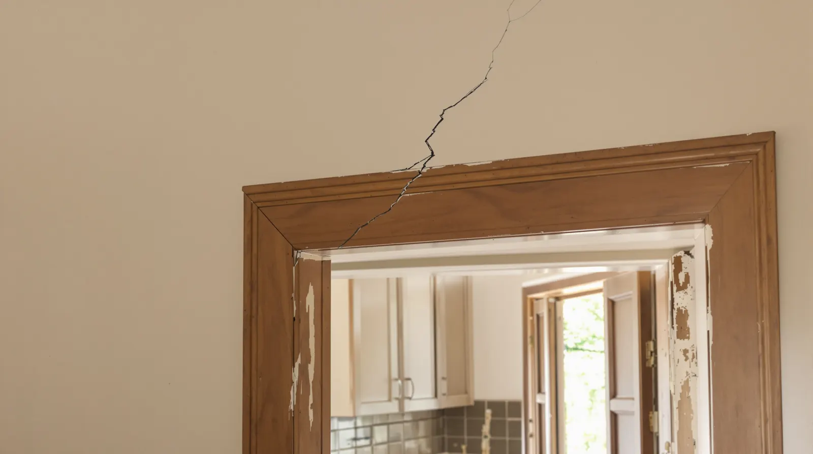 Diagonal crack in plaster above a door frame caused by a dropping floor